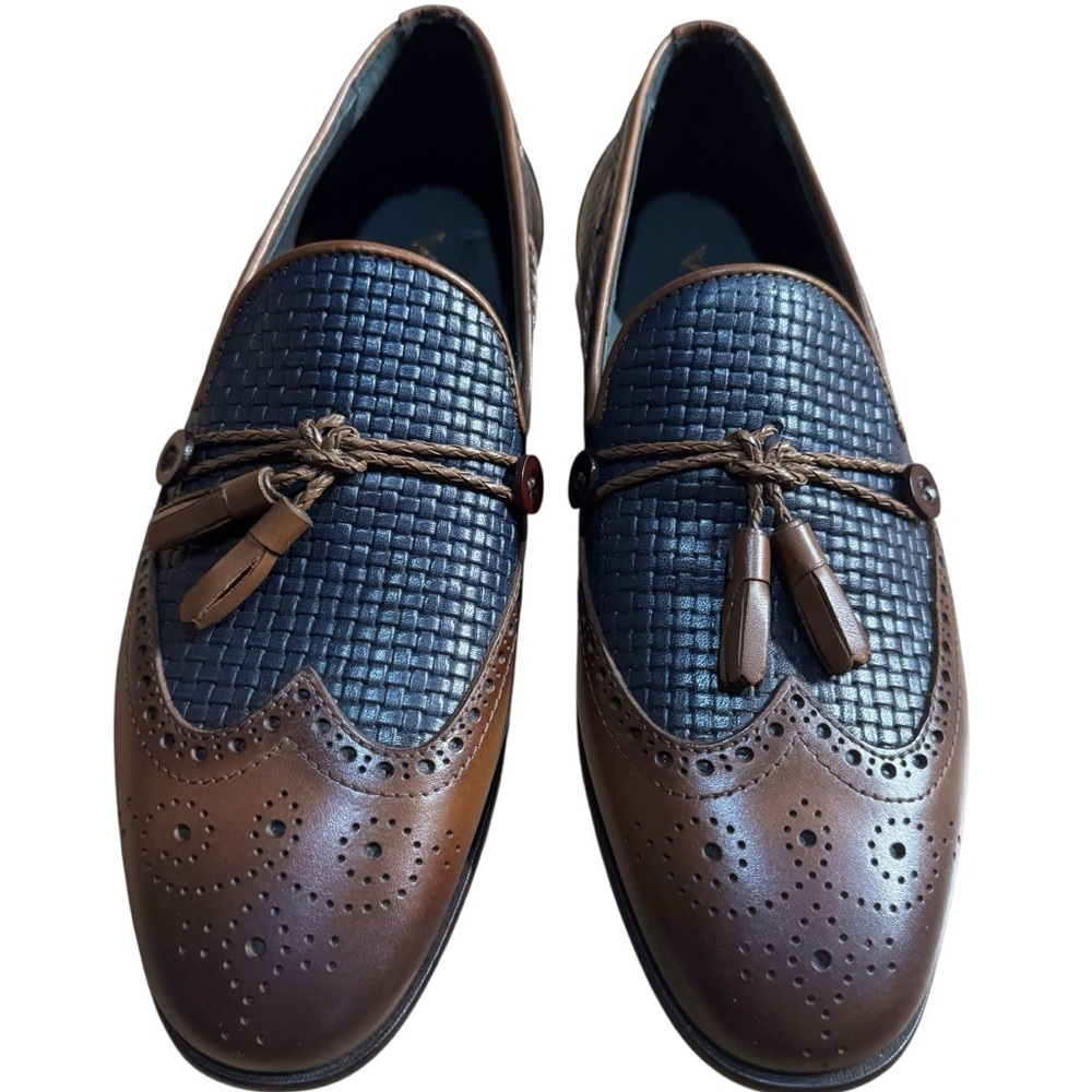 Vinci Men’s Two-Tone Leather Loafers Blue Tan Woven Wingtip Tassel Size 39/6-6.5